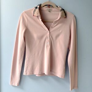 Burberry London Authentic 100% Cotton Pink Long Sleeve Polo Shirt Women's Size S